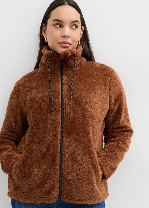 Teddy-Fleece-Jacke in braun von vorne (im Anschnitt) - bonprix