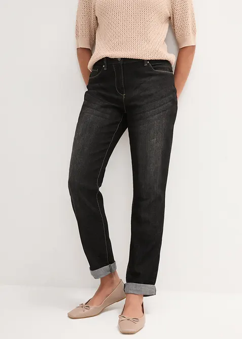 Boyfriend Jeans Mid Waist, Stretch in schwarz von vorne - bonprix