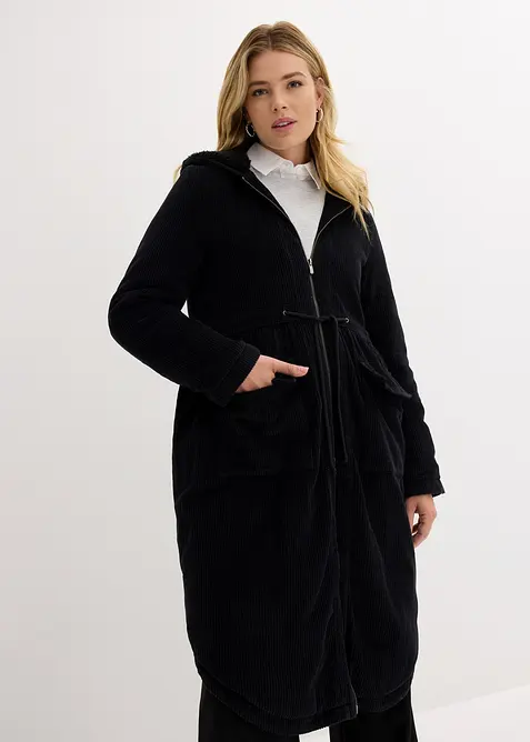 Cord-Mantel mit Teddy-Fleece-Kapuze aus reiner Baumwolle in schwarz von vorne (Totalaufnahme) - bonprix