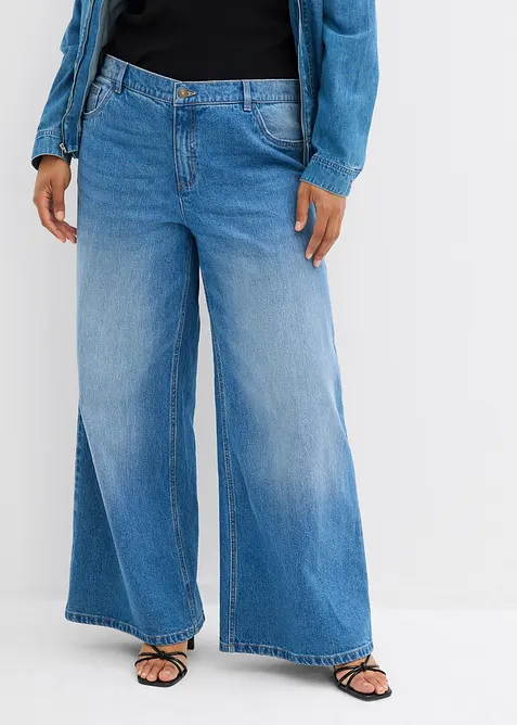Wide-Leg-Jeans Mid Waist in blau von vorne - bonprix