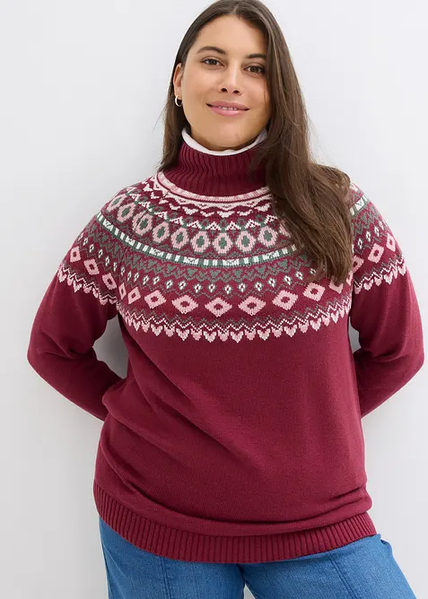 Norweger-Rollkragenpullover aus Baumwoll-Mix in rot von vorne (im Anschnitt) - bonprix
