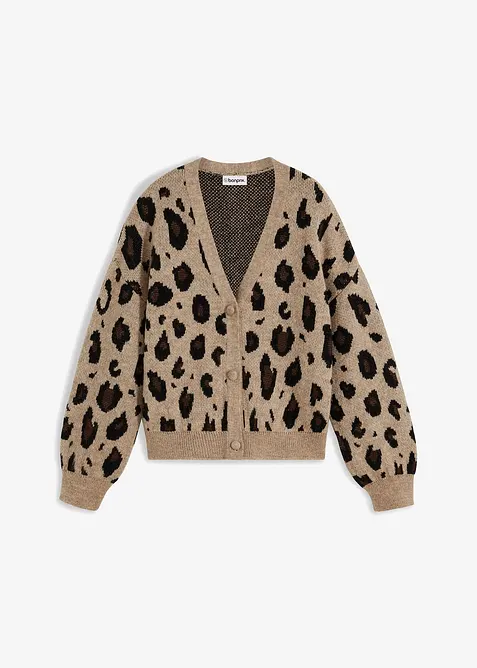 Strickjacke mit Jacquardmuster in beige von vorne - bonprix