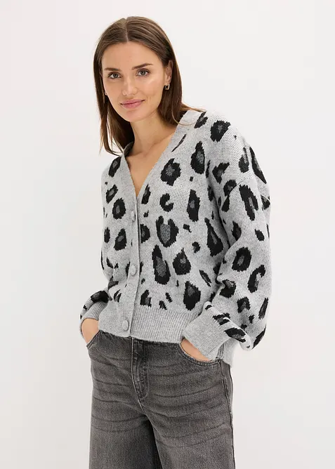 Strickjacke mit Jacquardmuster in grau von vorne (im Anschnitt) - bonprix