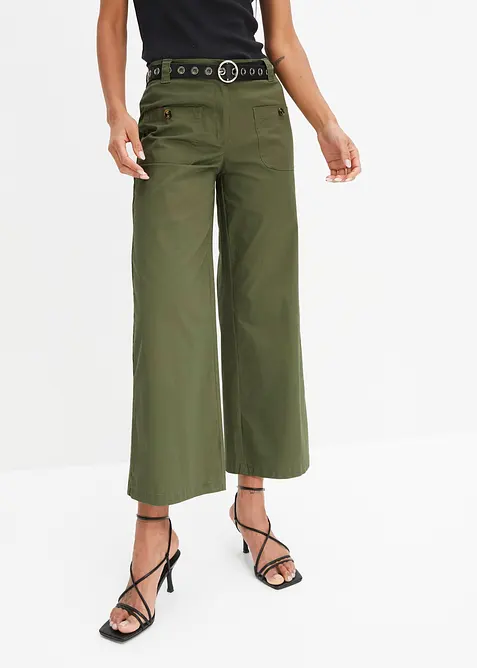 Wide-Leg-Hose mit Bequembund aus Baumwoll-Mix in grün von vorne - bonprix