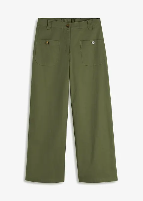 Wide-Leg-Hose mit Bequembund aus Baumwoll-Mix in grün von vorne - bonprix
