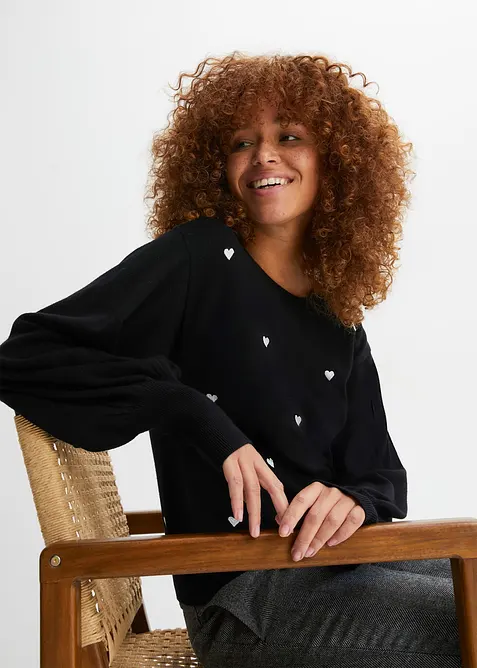 Feinstrickpullover aus Viskose-Mix mit Stickerei in schwarz von vorne (im Anschnitt) - bonprix
