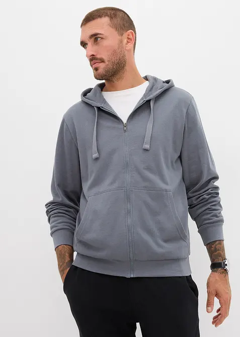 Kapuzen-Sweatjacke aus weichem Baumwoll-Mix in blau von vorne (im Anschnitt) - bonprix