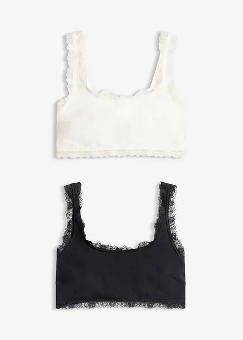 Bustier mit Bio-Baumwolle und Spitze (2er Pack) in schwarz von vorne - bonprix