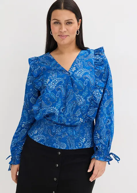 Bluse mit Volants und Smok in blau von vorne (im Anschnitt) - bonprix