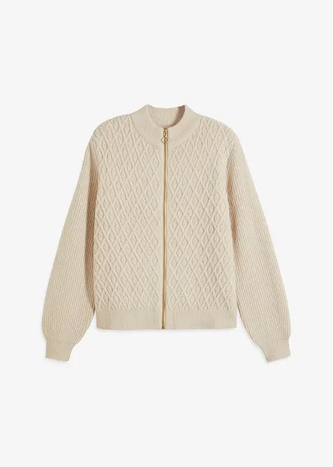 Strickjacke mit Zopfmuster in beige von vorne - bonprix