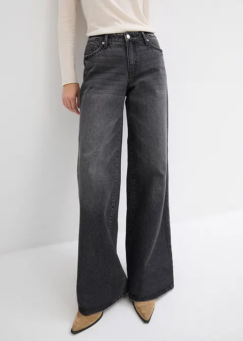 Wide-Leg-Jeans, Mid Waist, Low Stretch in schwarz von vorne - bonprix