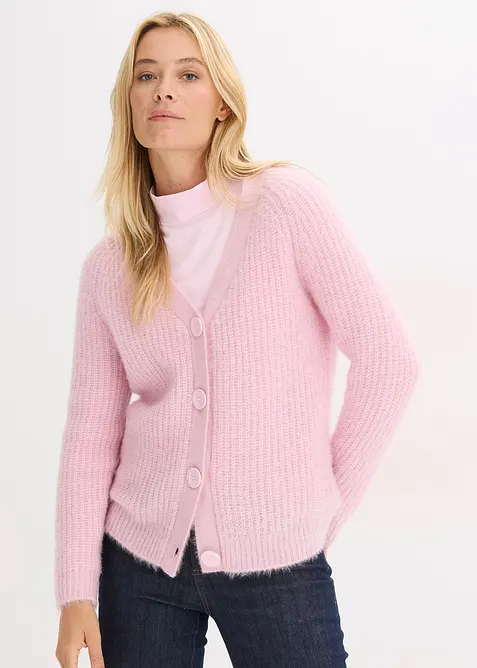 Gerippte Grobstrickjacke mit Glanzeffekt in rosa von vorne (im Anschnitt) - bonprix