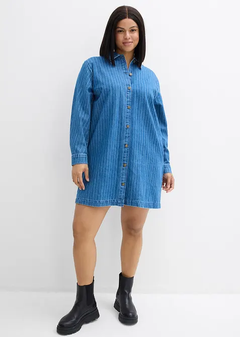 Jeanskleid Langarm mit Streifen, Baumwolle in blau von vorne (Totalaufnahme) - bonprix