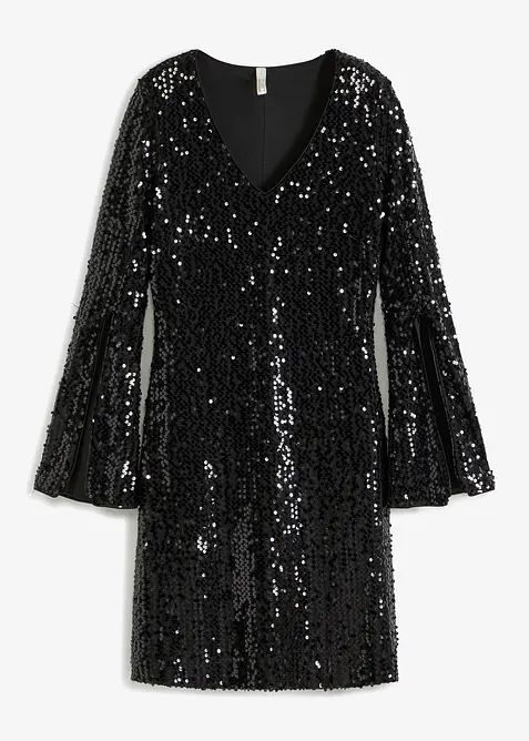 Paillettenkleid mit Trompeten-Ärmel in schwarz von vorne - bonprix