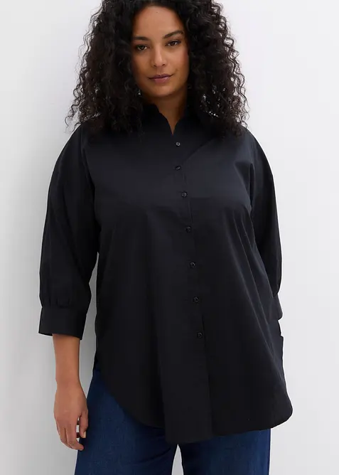 3/4-Arm-Oversize-Hemd aus Baumwolle in schwarz von vorne (im Anschnitt) - bonprix