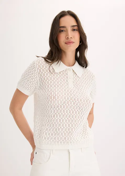 Ajour-Pullover aus reiner Baumwolle in weiß von vorne (im Anschnitt) - bonprix