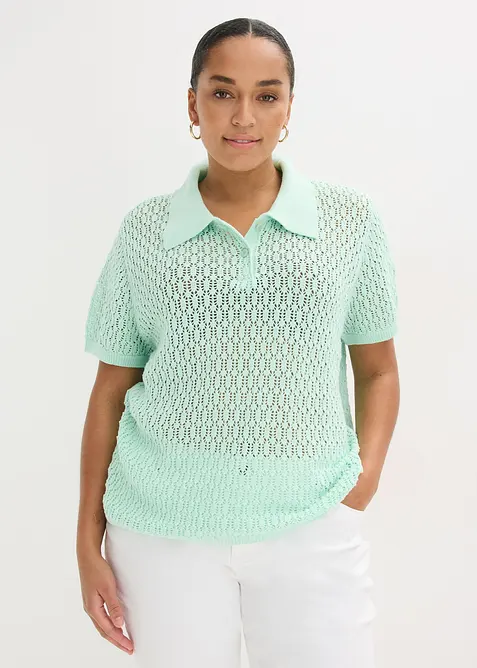 Ajour-Pullover aus reiner Baumwolle in grün von vorne (im Anschnitt) - bonprix