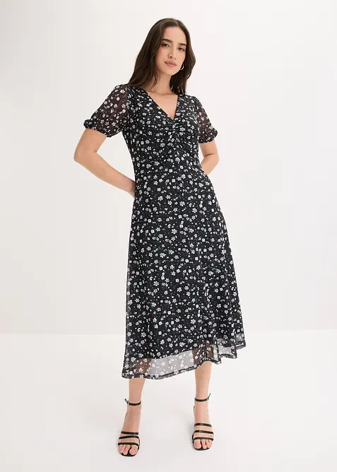 Jerseykleid aus feinem Mesh in schwarz von vorne (Totalaufnahme) - bonprix