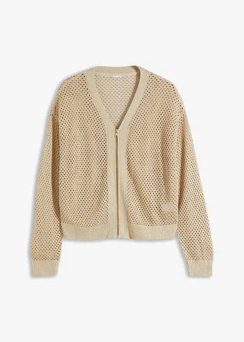 Ajour-Strickjacke mit Glitzereffekt in beige von vorne - bonprix