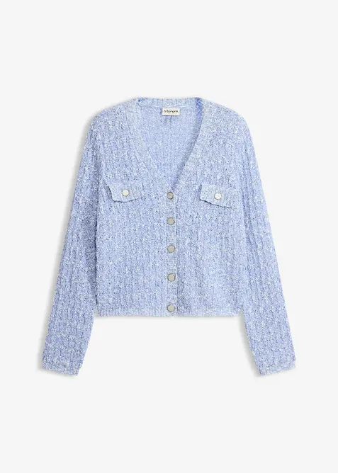 Bouclé Strickjacke in blau von vorne - bonprix