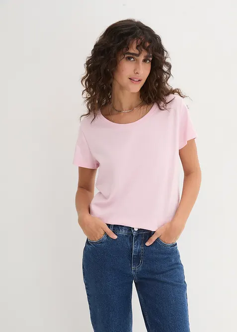Rundhals-Shirt  (5erPack) in rosa von vorne (im Anschnitt) - bonprix
