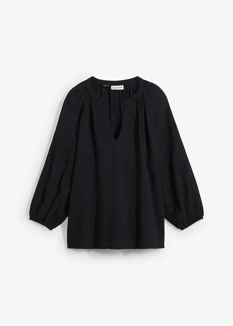 Musselin-Oversize-Bluse aus reiner Baumwolle in schwarz von vorne - bonprix
