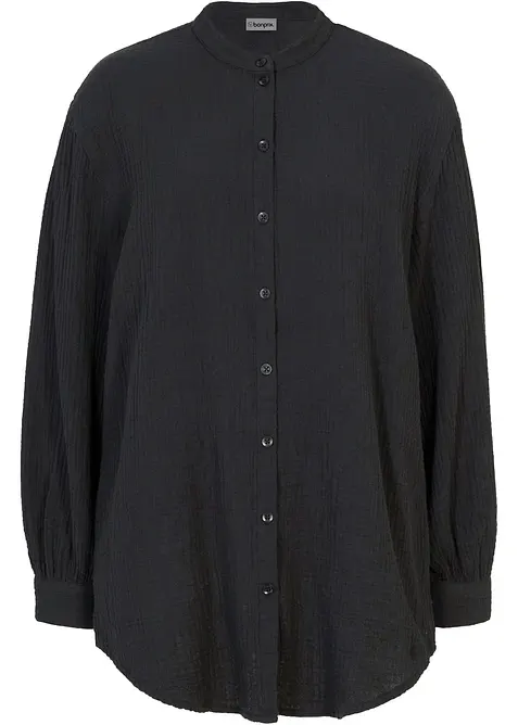 Musselin-Longbluse aus reiner Baumwolle in schwarz von vorne - bonprix