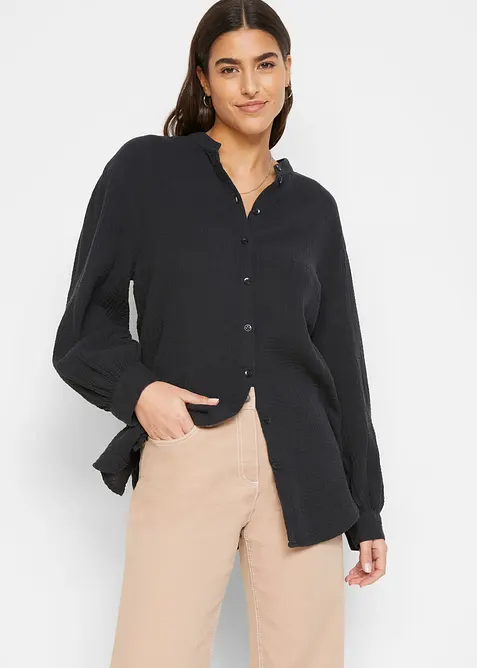 Musselin-Longbluse aus reiner Baumwolle in schwarz von vorne (im Anschnitt) - bonprix