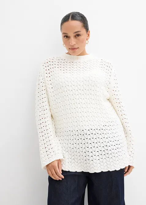 Ajour-Strickpullover in weiß von vorne (im Anschnitt) - bonprix