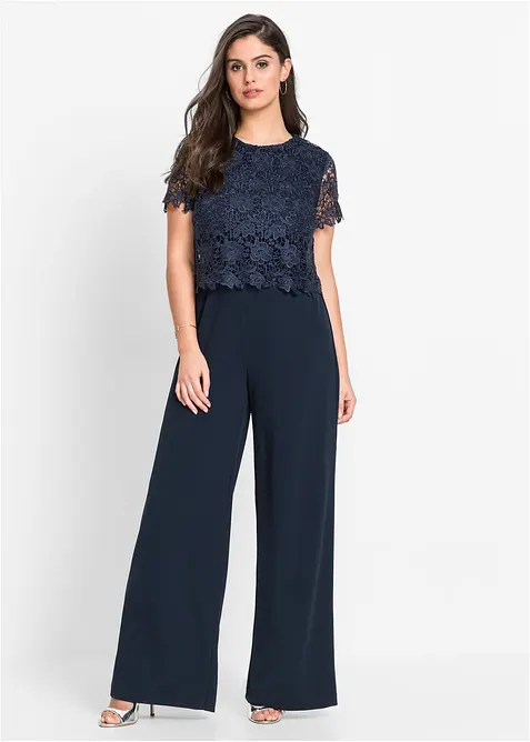 Jumpsuit aus softem Scuba mit Spitze in blau von vorne (Totalaufnahme) - bonprix