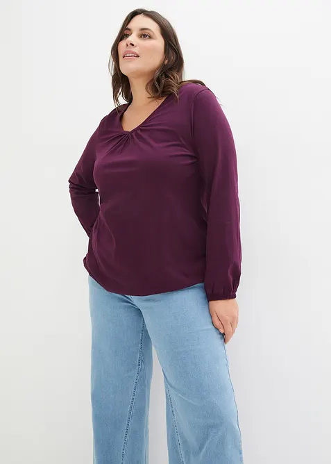 Langarmshirt mit Gummizug aus reiner Baumwolle in lila von vorne (im Anschnitt) - bonprix