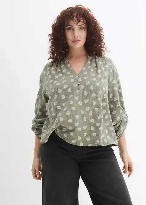 Musselin-Bluse aus reiner Baumwolle in grün von vorne (im Anschnitt) - bonprix