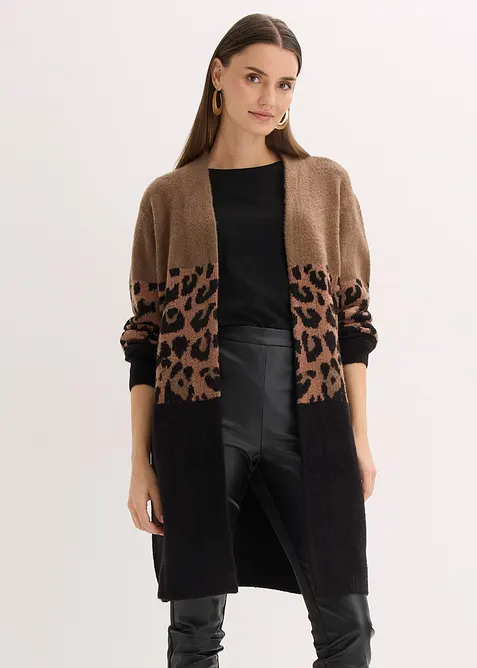 Longstrickjacke mit Jacquardmuster in braun von vorne (im Anschnitt) - bonprix