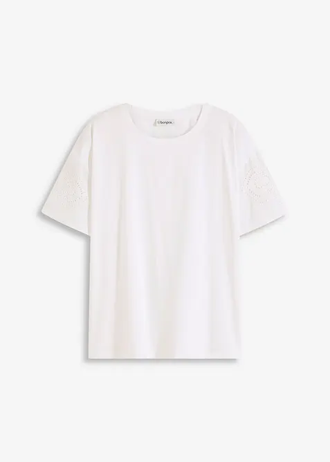 T-Shirt mit Lochstickerei in weiß von vorne - bonprix