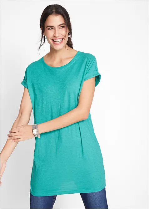 Boxy-Longshirt mit kurzen Ärmeln in grün von vorne (im Anschnitt) - bonprix
