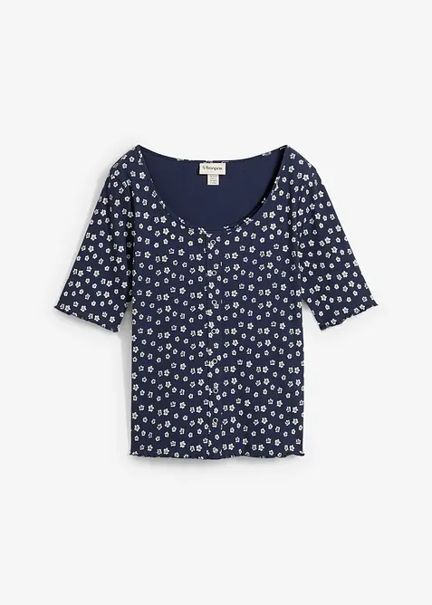 Ripp-Shirt mit Blumendruck aus reiner Baumwolle in blau von vorne - bonprix