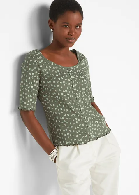 Ripp-Shirt mit Blumendruck aus reiner Baumwolle in grün von vorne (im Anschnitt) - bonprix