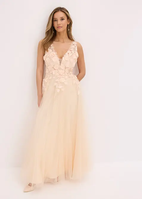 Maxikleid aus zartem Tüll mit Blumen-Applikation in beige von vorne (Totalaufnahme) - bonprix