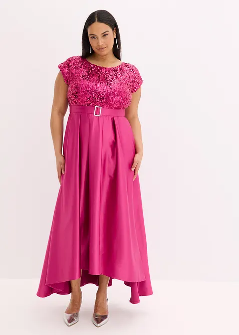 Abendkleid aus glänzendem Satin mit Pailletten in pink von vorne (Totalaufnahme) - bonprix