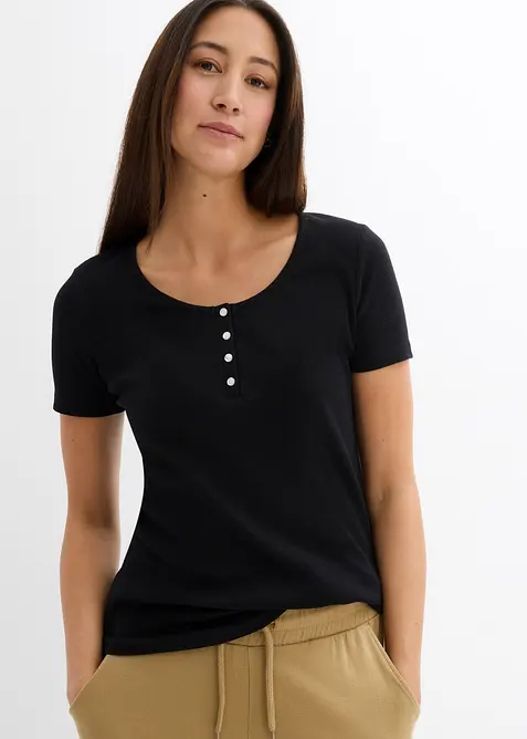 Henleyshirt aus reiner Bio-Baumwolle in schwarz von vorne (im Anschnitt) - bonprix