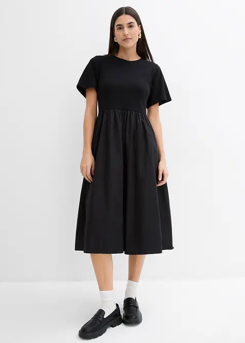 Midikleid aus Materialmix in schwarz von vorne (Totalaufnahme) - bonprix