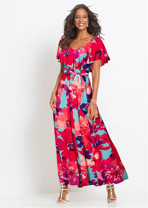 Maxikleid mit Volant in blau im Look von vorne (Totalaufnahme) - bonprix