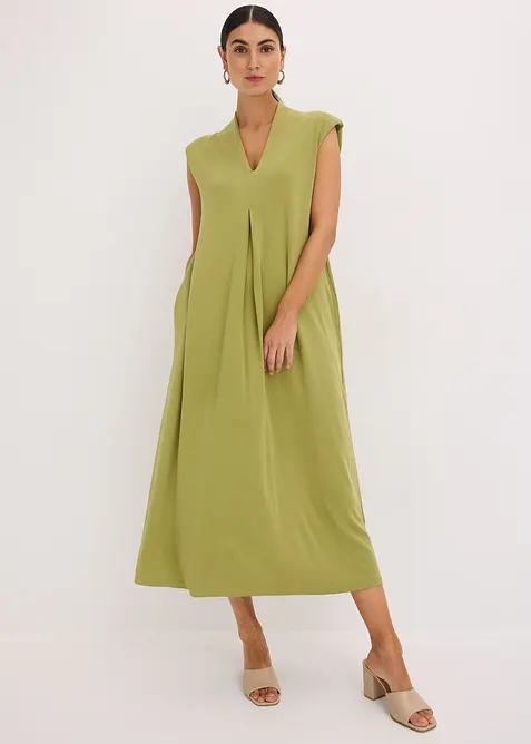 Jerseykleid aus Viskose-Mix mit Schulterpolster in grün im Look von vorne (Totalaufnahme) - bonprix