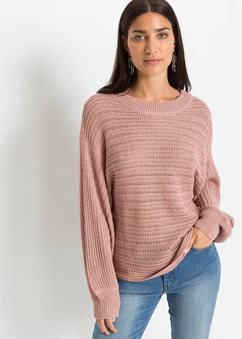 Oversize Lochstrick-Pullover in rosa von vorne (im Anschnitt) - bonprix