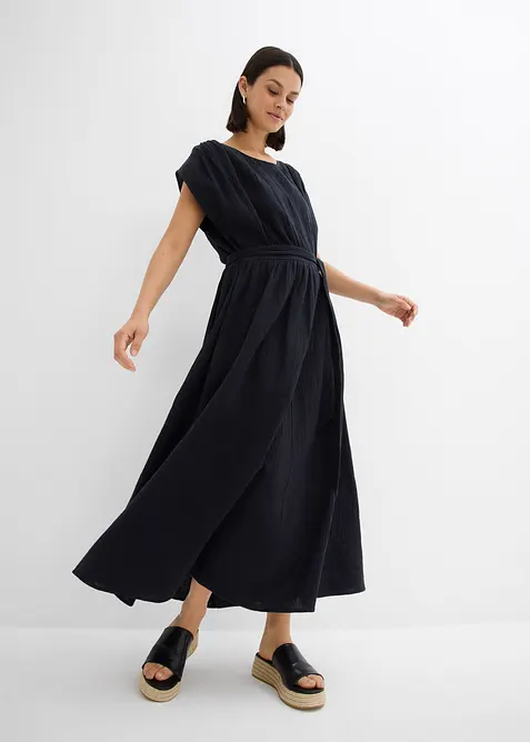 Maxikleid aus reiner Baumwolle in schwarz von vorne (Totalaufnahme) - bonprix