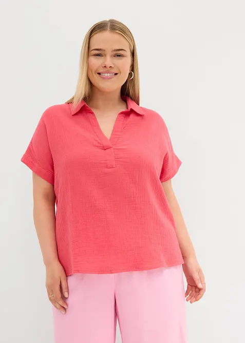 Musselin-Kurzarmbluse aus reiner Baumwolle in pink von vorne (im Anschnitt) - bonprix