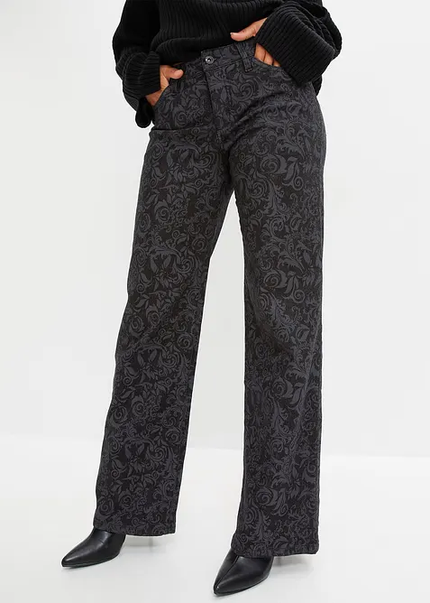 Wide-Leg-Jeans, Mid Waist mit Glanzmuster in schwarz von vorne - bonprix