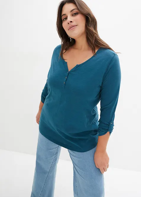 Shirt mit Knopfleiste aus reiner Bio-Baumwolle in petrol von vorne (im Anschnitt) - bonprix