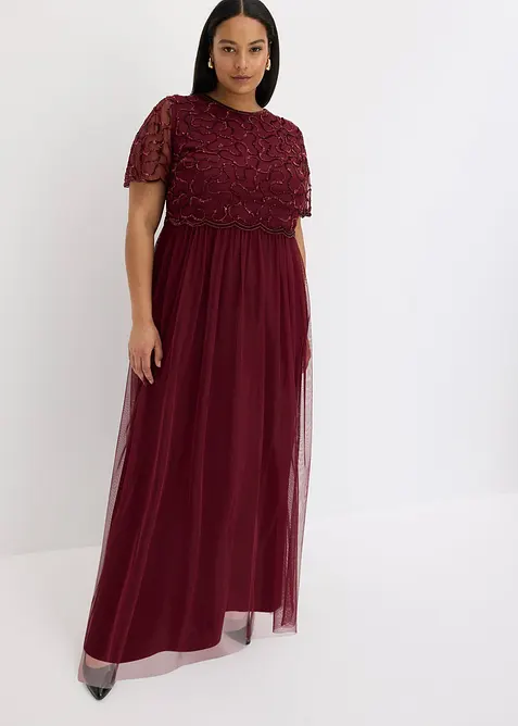 Maxikleid aus feinem Tüll mit Paillettenstickerei in rot von vorne (Totalaufnahme) - bonprix