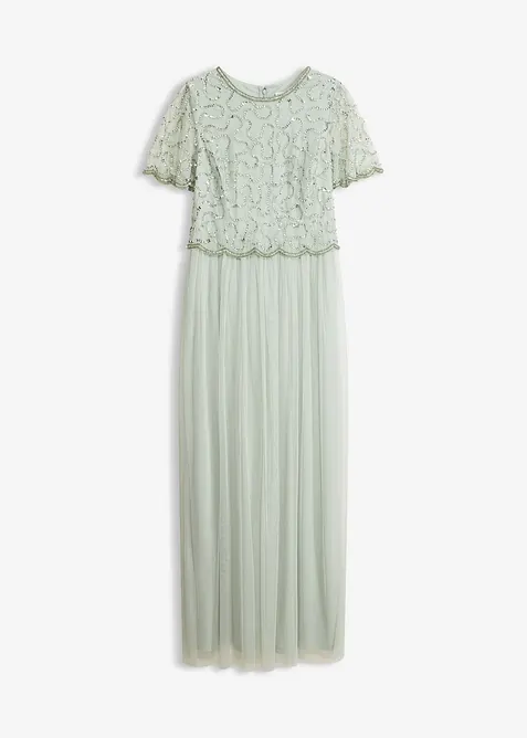 Maxikleid aus feinem Tüll mit Paillettenstickerei in grün von vorne - bonprix